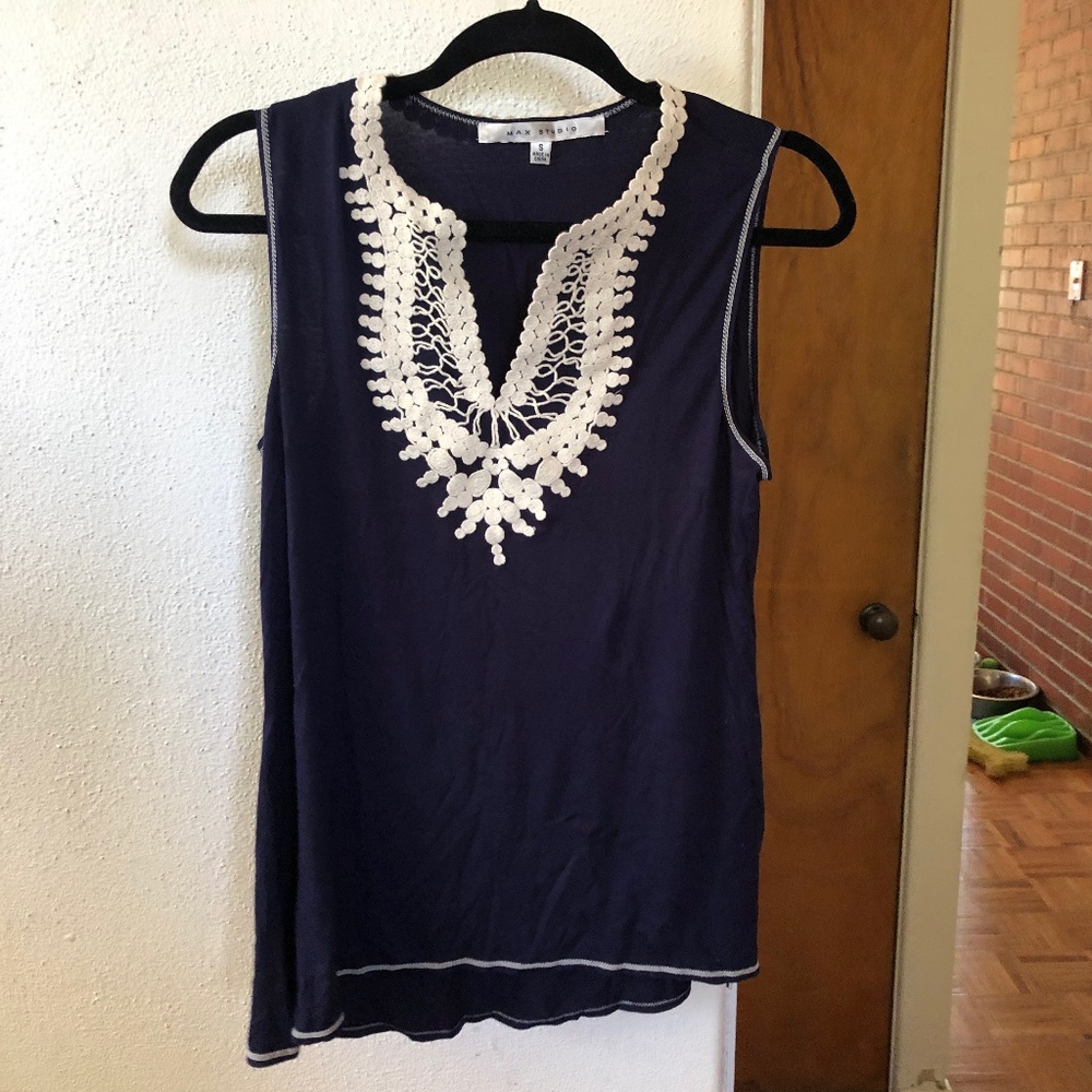 Dark blue blouse with cream embroidery